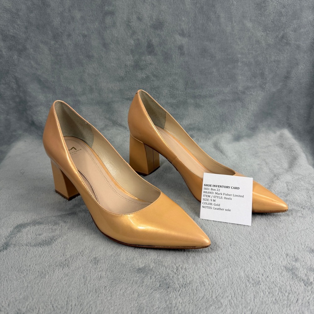 Marc Fisher Women 9 Gold Heels Pointed Toe Block Heel Leather Sole Office Siren